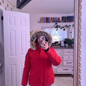 Obermeyer Red Hooded Puffer Coat with Faux-Fur Trim